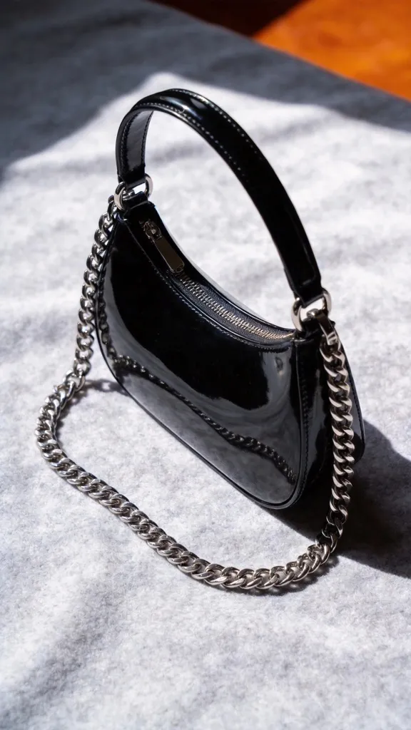 Black patent leather chain bag