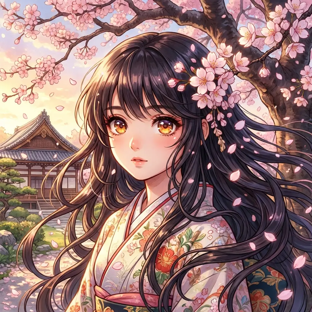 Japanese anime style portrait of a woman under a cherry blossom tree