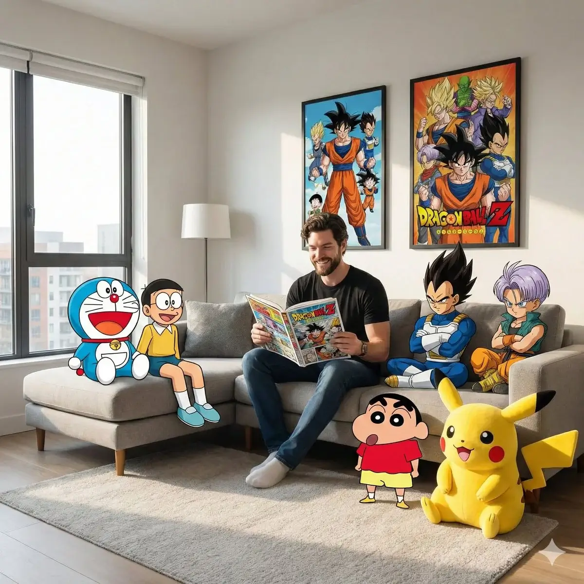 Cinematic interior blending photorealism with anime characters