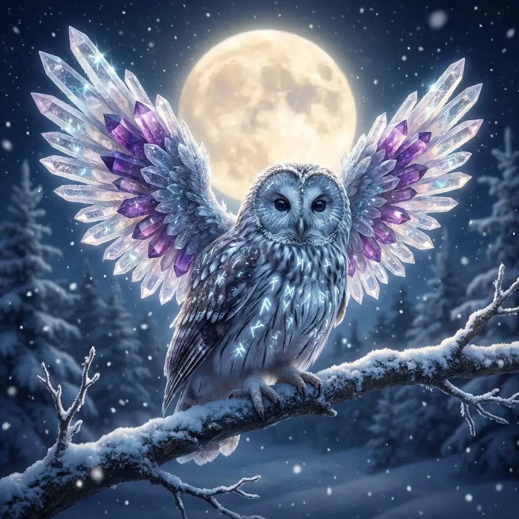 Mystical owl with crystal wings on snowy branch at night