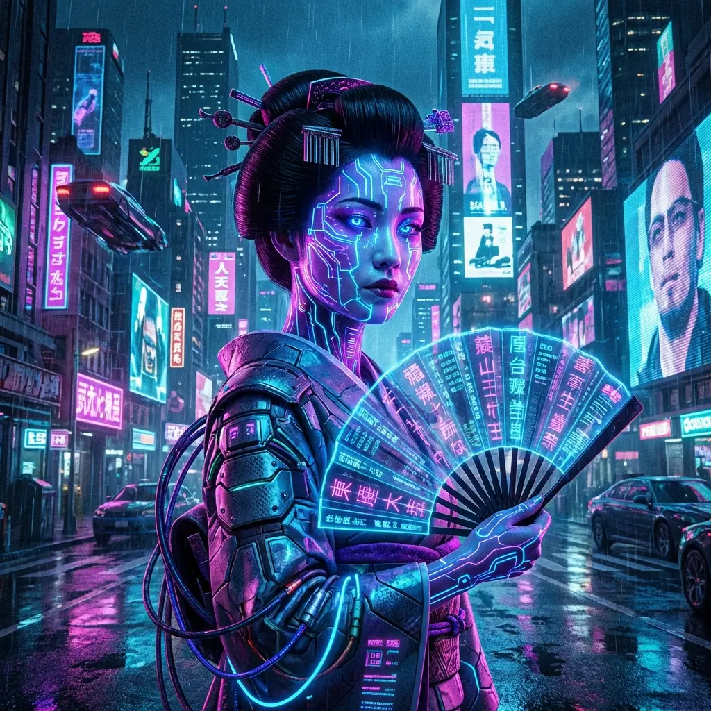 Cyberpunk geisha with neon circuitry skin and digital fan in futuristic city