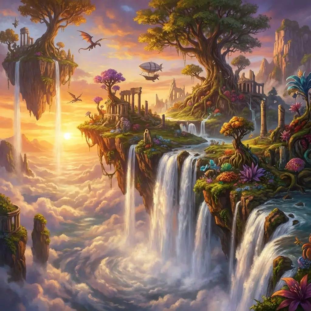 High fantasy floating islands with waterfalls at sunset