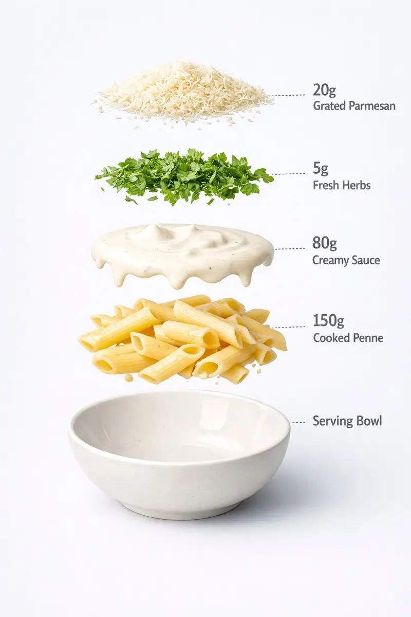 Professional exploded view food design of creamy penne pasta