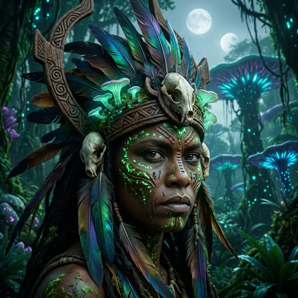 Hyper-realistic portrait of a tribal forest warrior with elaborate headwear