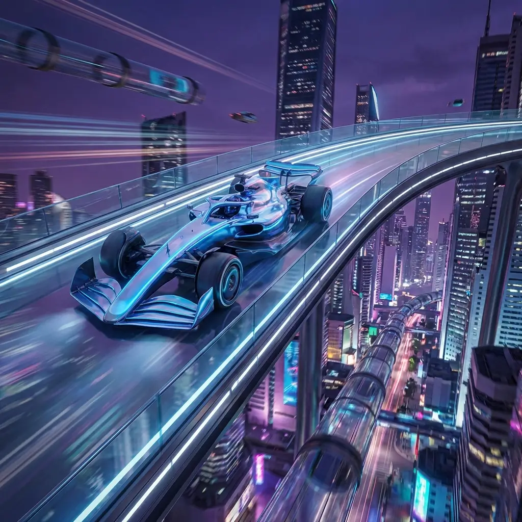 Futuristic Formula 1 car racing on a transparent track over a city