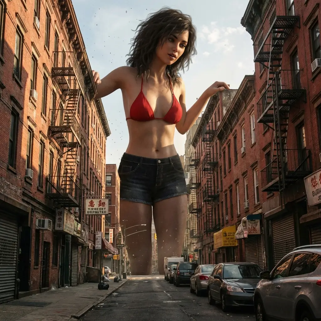 Cinematic low angle shot of a massive giantess sitting in a city street