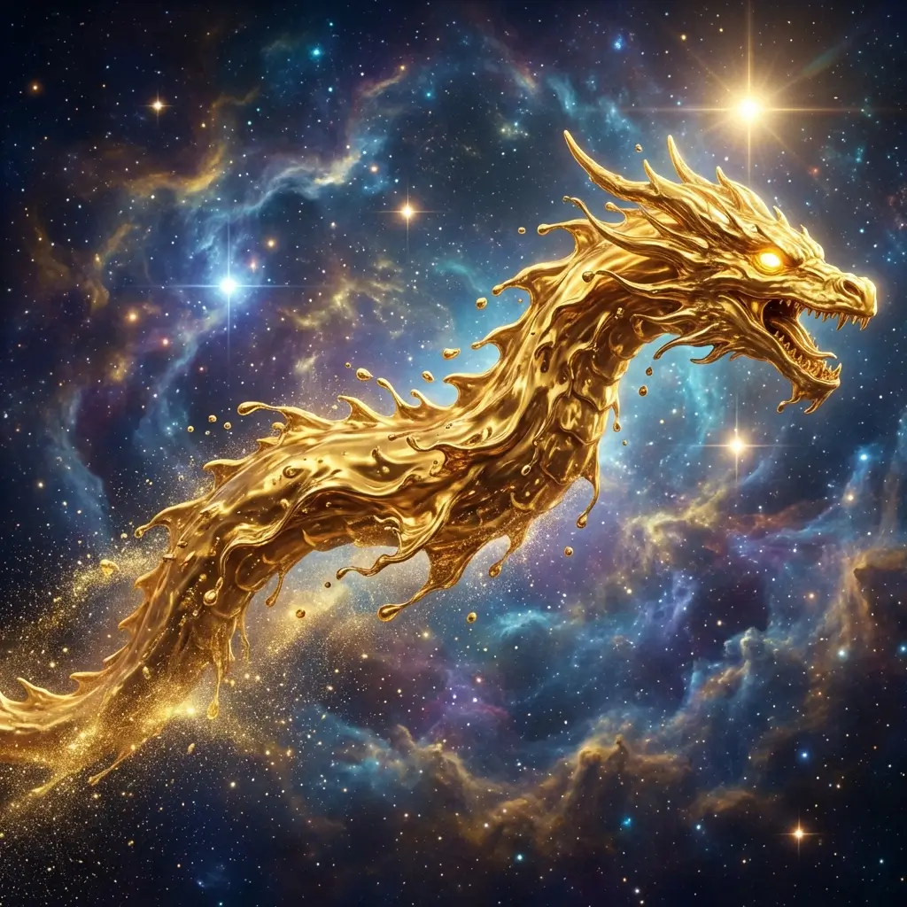 A majestic dragon made of liquid gold flying through a starry nebula