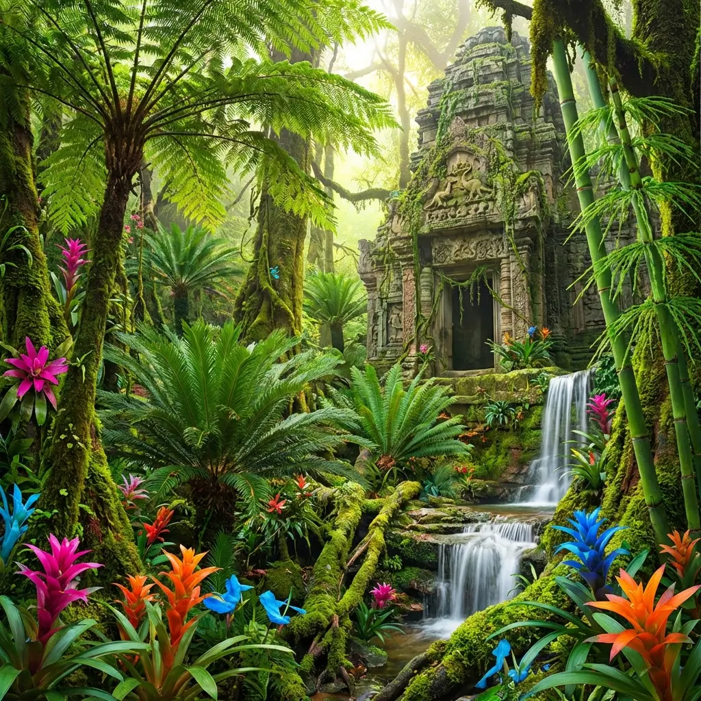 Lush jungle with prehistoric plants and a hidden ancient temple