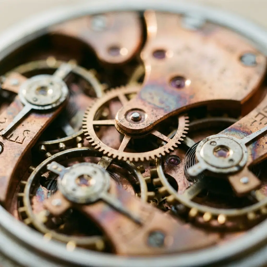 Macro shot of intricate mechanical watch gears with brass textures