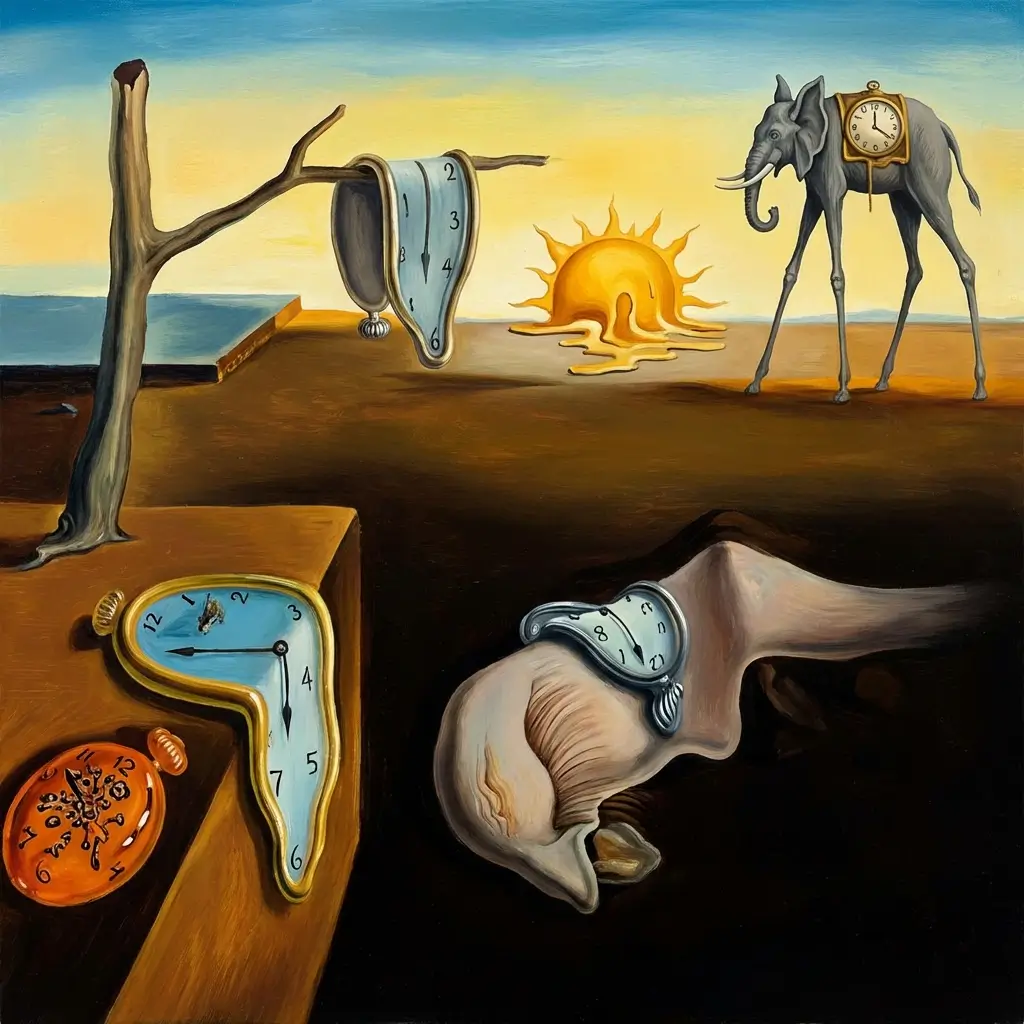 Surreal melting clocks over a desert landscape inspired by Dali