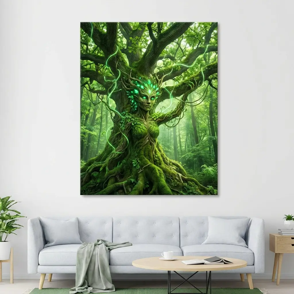 Nature goddess merging with a giant oak tree in vibrant green