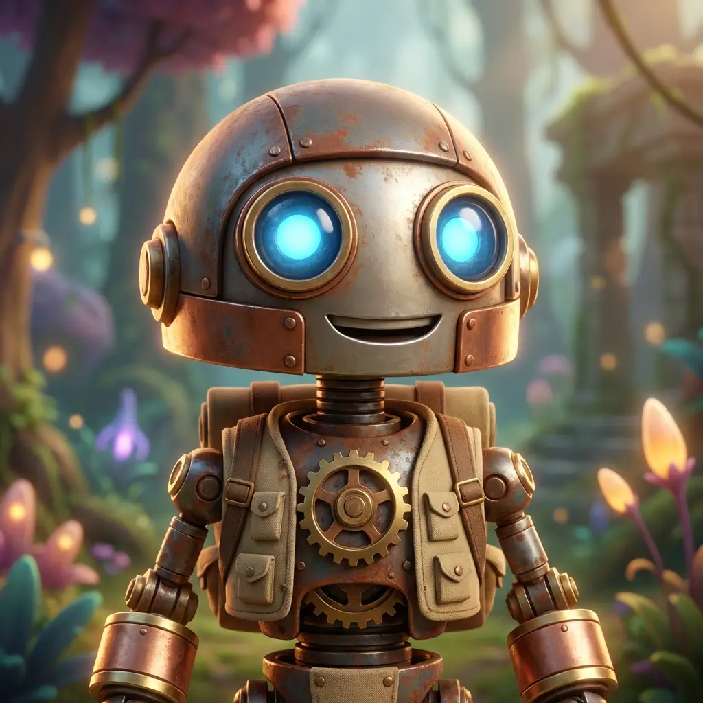 Cute 3D Pixar style robot explorer mascot with glowing eyes
