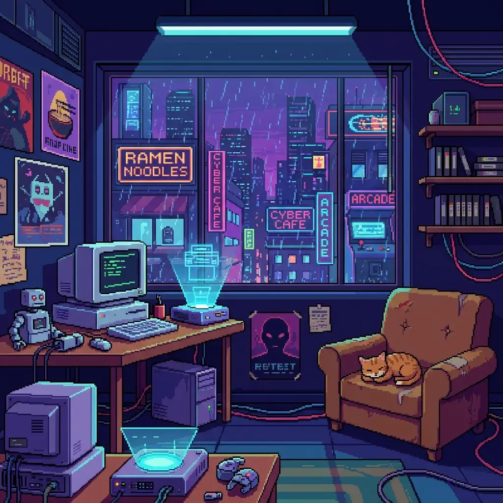 Cozy 16-bit pixel art cyberpunk apartment interior at rainy night
