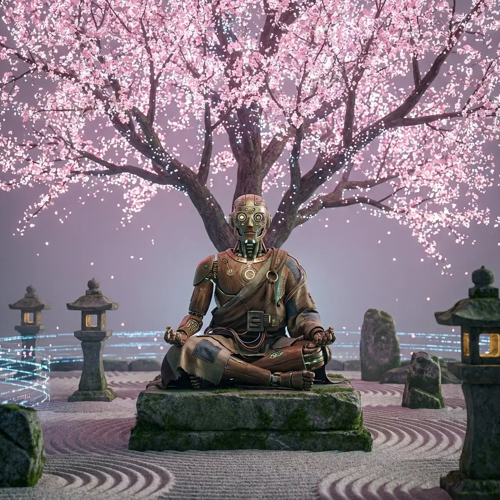 A meditating robot monk under a digital cherry blossom tree