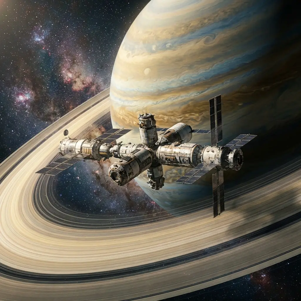 Cinematic space station orbiting a ringed gas giant in deep space