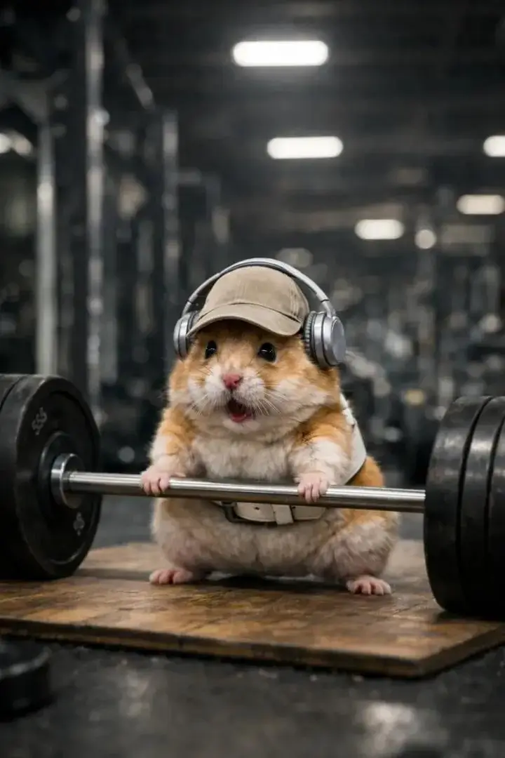 Motivational cinematic scene of a tiny hamster deadlifting a barbell