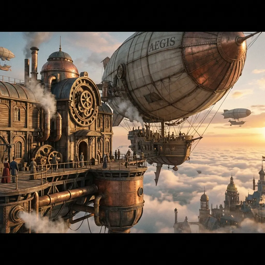 Steampunk airship docking at a floating Victorian station