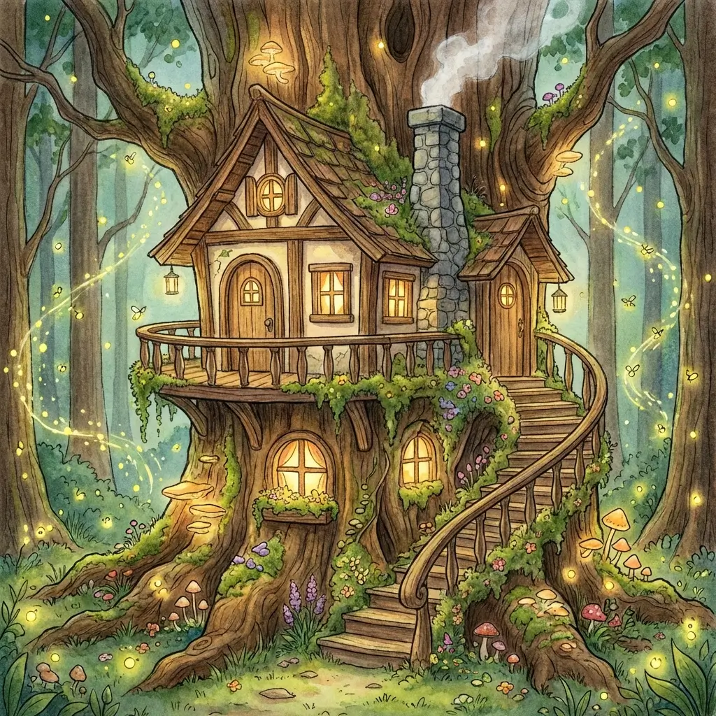 A cozy whimsical cottage built inside a giant tree trunk with fireflies