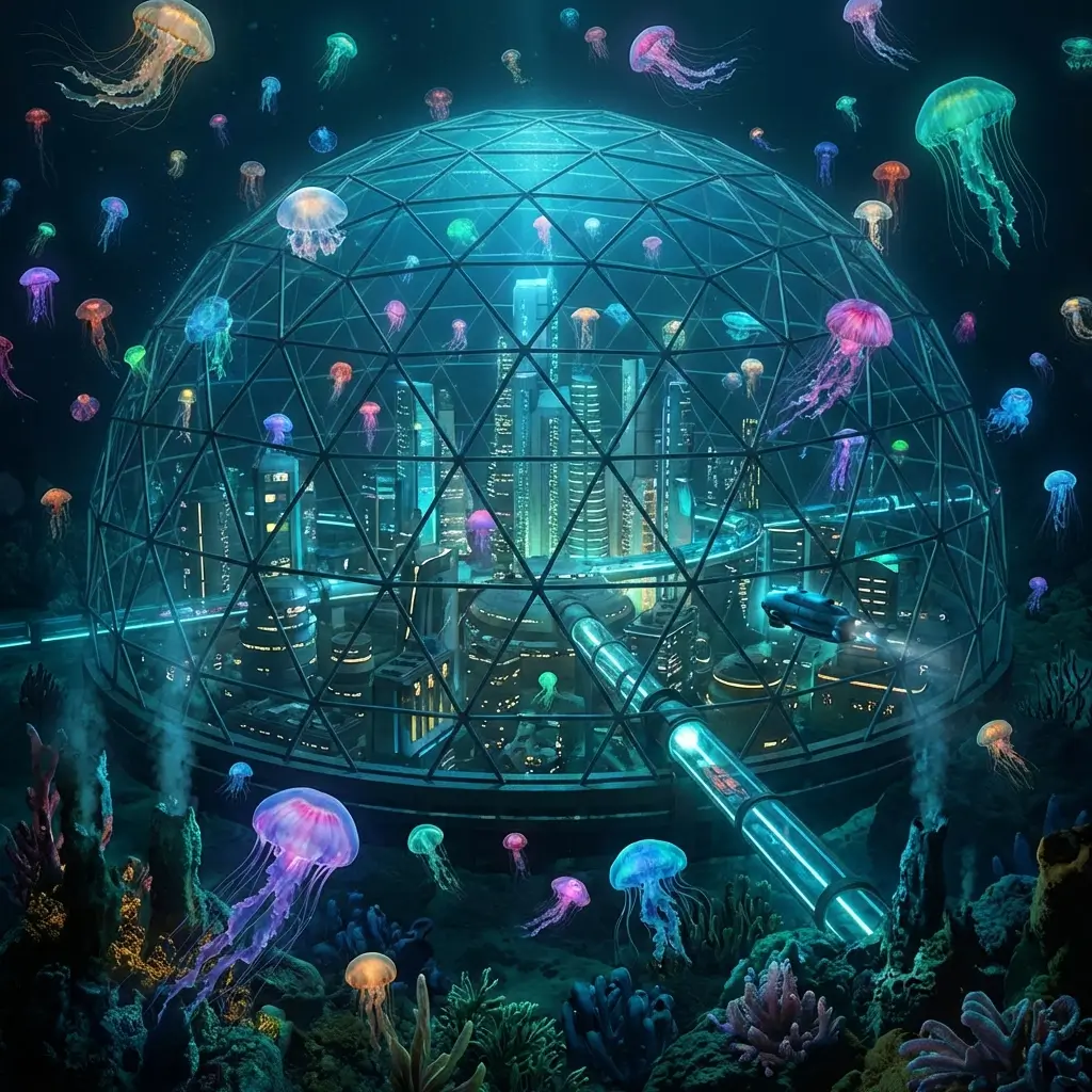 Bioluminescent underwater city dome with jellyfish