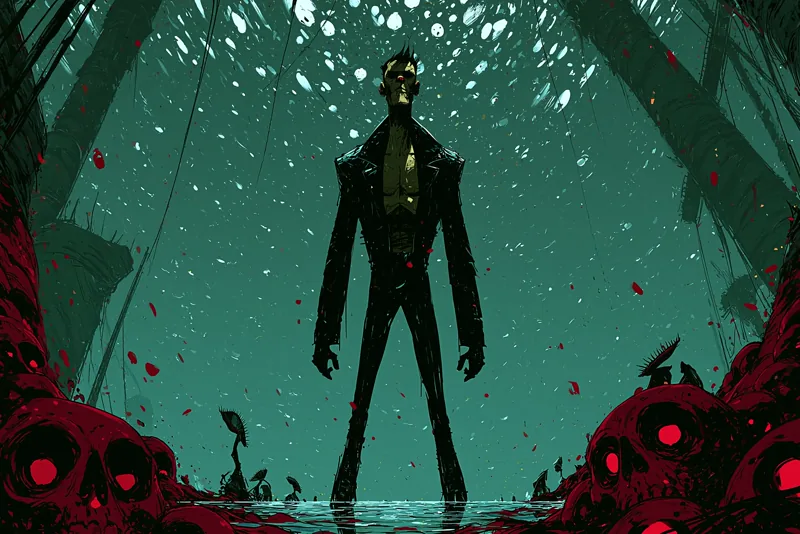 Dark illustration of a tall figure standing among crimson skulls under a teal sky