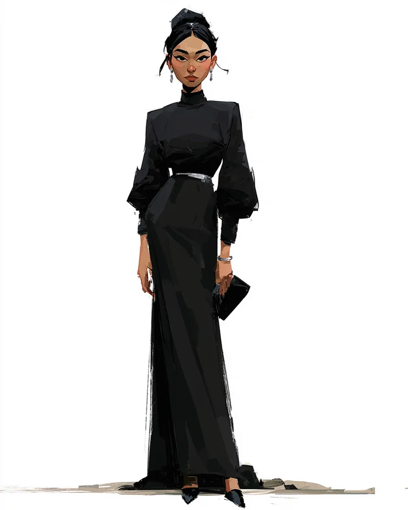 Character sheet of a woman in a floor-length black gown on a plain white background