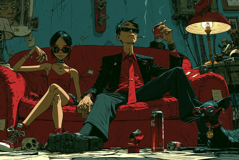 Two figures in sunglasses lounging on a red couch in a cluttered apartment with a black cat