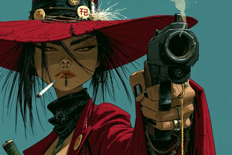 Comic-style illustration of a gunslinger in a wide red hat aiming a revolver at the viewer