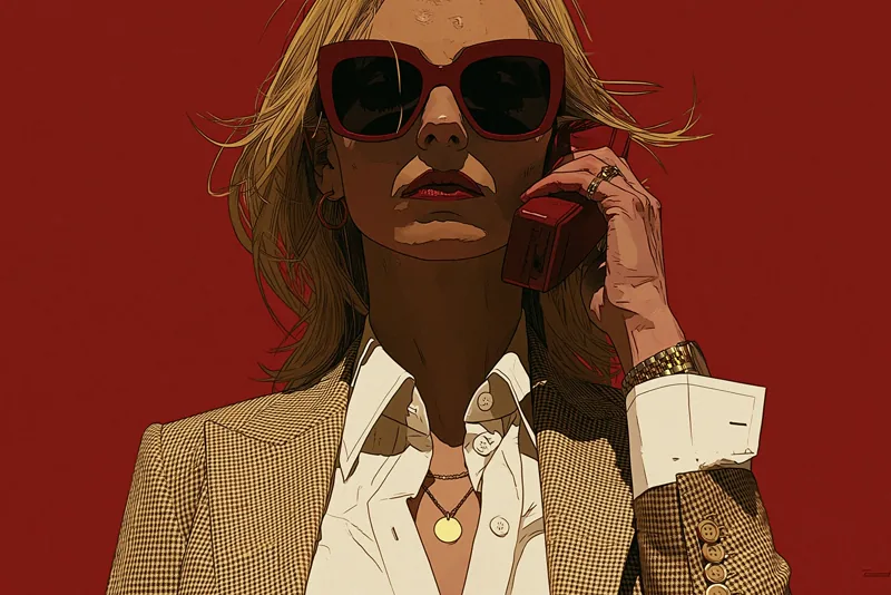 High-contrast editorial illustration of a woman in sunglasses taking a call against a scarlet backdrop